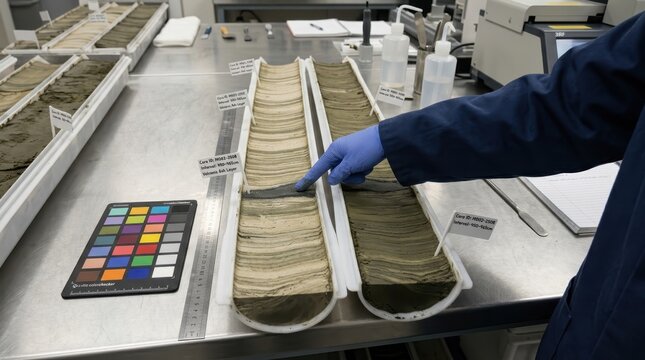 A deep ocean sediment core is split lengthwise in a marine geology laboratory, the two half-rounds revealing a stratigraphy of alternating light and dark layers encoding hundreds