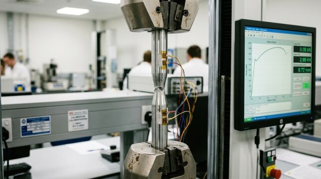 A materials testing laboratory subjects a metal sample to a tensile test, the sample visibly necking at its midpoint as the testing machine pulls both ends apart, strain gauges