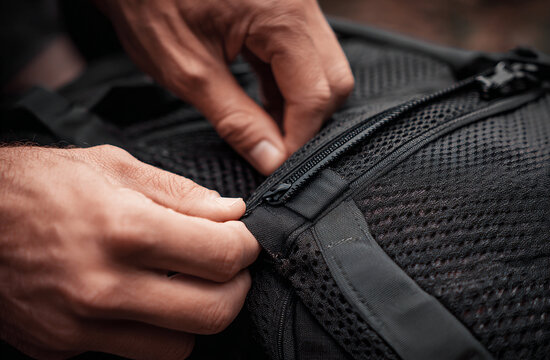 Close-up of person checking backpack frame and padding.