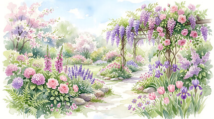 Obraz premium Watercolor style garden pathway with wisteria, roses, and blooming flower clusters