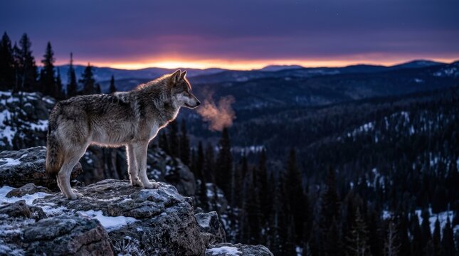 A lone wolf standing motionless on a rocky ridge at blue hour, thick winter fur backlit by the last deep violet sky glow on the horizon, breath condensation visible as a small