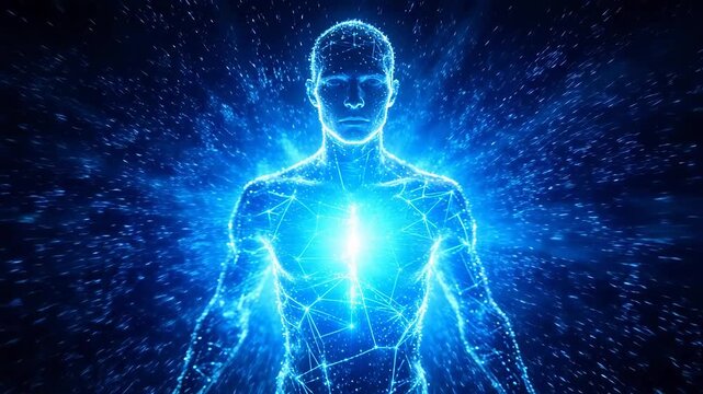 Digital human figure with blue glowing net structure against black background