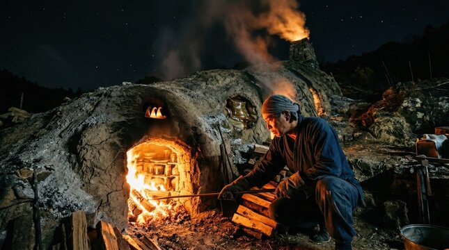 A nighttime photograph of a traditional Japanese pottery kiln firing, the anagama wood-firing kiln showing ember glow through the stoking port, the kiln setter visible loading