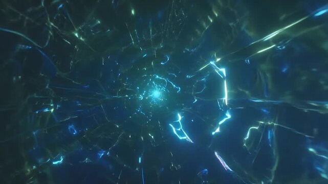 Futuristic abstract digital network background featuring glowing blue and green light trails, embodying high-speed data flow and advanced technological connectivity