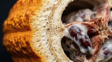 Naklejka premium A macro cross-section of a tropical cacao pod wall showing its botanical anatomy, the thick orange-yellow outer exocarp with its ribbed surface texture, the spongy white mesocarp