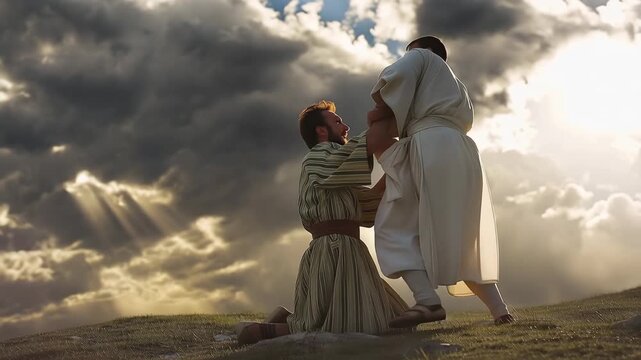 Jacob Wrestling with an Angel at Night Until Dawn. Old Testament Story Scene
