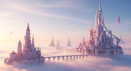 Naklejka premium Fantasy castle floating above clouds in a dreamy ethereal landscape scene