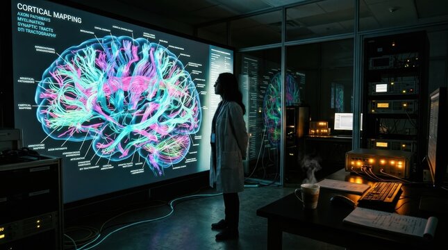 A neuroscience laboratory at night, a researcher silhouetted against a wall-sized brain atlas display showing cortical mapping in vivid false color, hundreds of neural pathway