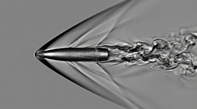 A high-speed schlieren photograph captures a bullet in supersonic flight, the shock wave cone trailing behind the projectile rendered visible as a dark compression ring, turbulent