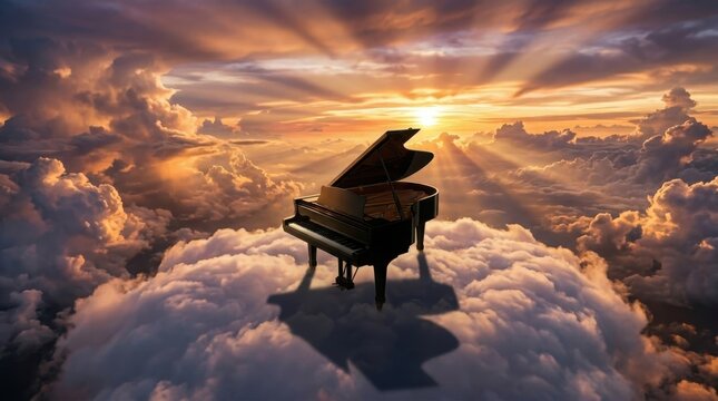 A surreal dreamscape image of a grand piano floating in a vast cloudscape at sunset, positioned on a flat-topped cumulus cloud, the piano lid open with the interior string