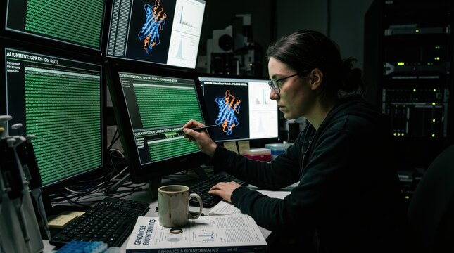 A lone computational biologist working late in a dark genomics lab, a wall of monitors displaying long scrolling DNA sequence alignments in green-on-black, the researcher