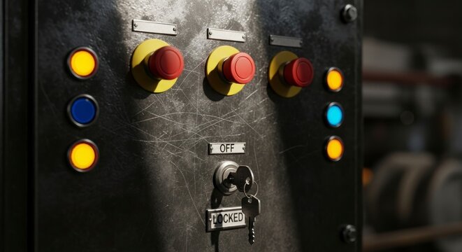 Industrial control panel with buttons and keypad displaying control system