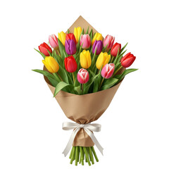 Obraz premium A beautiful bouquet of vibrant tulips in various colors wrapped in brown paper isolated on transparent background