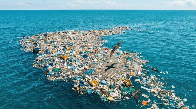 An oceanic garbage patch concept rendered as an aerial drone perspective, an expanse of turquoise open ocean interrupted by a sprawling island of plastic debris in faded