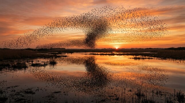 A swarm of thousands of European starlings performing a murmuration over a vast wetland at sunset, the flock forming a rapidly shifting three-dimensional form that