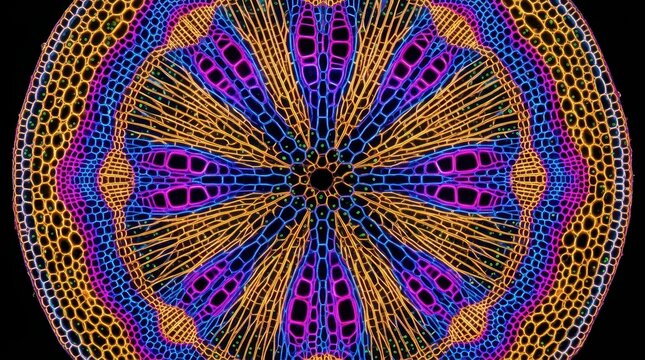 A microscopic cross-section of a plant stem illuminated under polarized light reveals geometric crystal-like cell walls in vivid magenta, cobalt, and amber, intricate