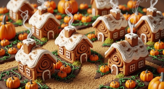 Miniature gingerbread houses with pumpkins for festive autumn celebration