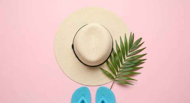 Summer essentials hat flip flops and palm leaf on pink background overhead view