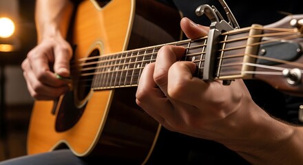 Obraz premium Guitar playing hands closeup music