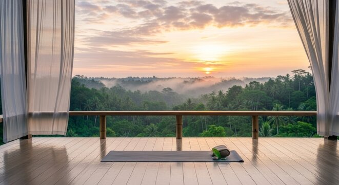 Yoga mat and pillow on wooden deck with sunrise view over trees and sky