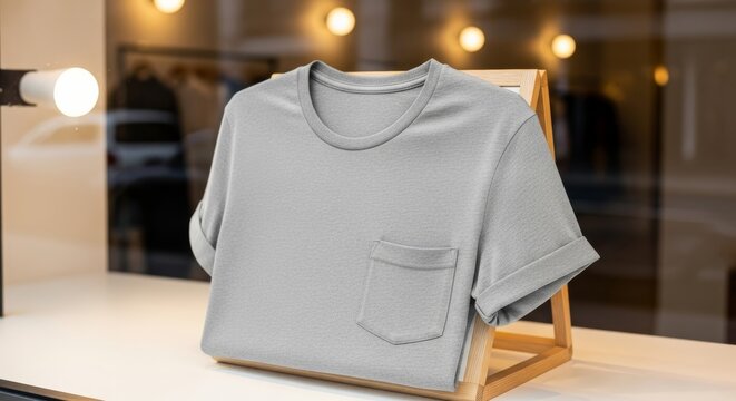 Folded sleeve tshirt mockup with pocket detail in boutique window setting