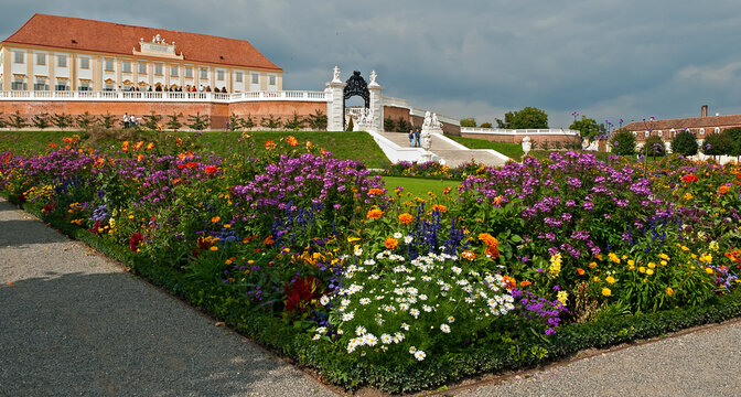  Beds with flowers in the baroque garden parterre of the palace Schlosshof, Austria