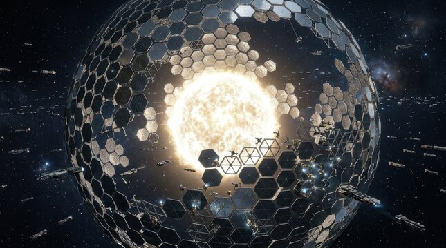 A megastructure dyson swarm partially constructed around a young star, thousands of hexagonal solar collector panels in varying stages of assembly forming an incomplete