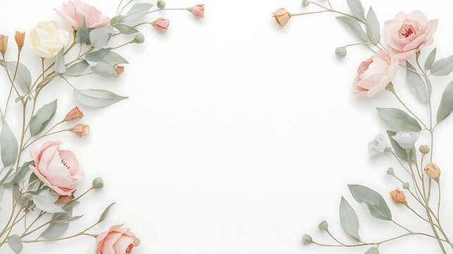 watercolor floral border with soft pink roses and green leaves on white background