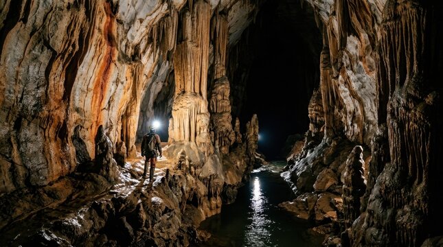 A deep cave system illuminated only by a caver's headlamp, enormous stalactite and stalagmite formations casting dramatic shadows across cathedral-like chambers, a narrow
