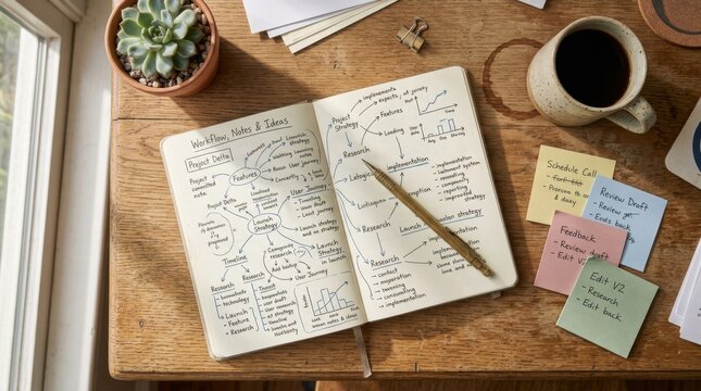 A workspace flat-lay seen from directly above, an open notebook filled with dense handwritten mind maps, a mechanical pencil resting mid-sentence, ceramic coffee cup