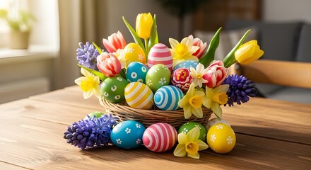 Fototapeta premium Easter basket with colorful decorated eggs and spring flowers on wooden table in warm sunlight