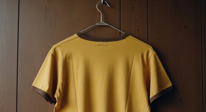 Retro 1970s Mustard Yellow Ringer T Shirt Back View Hanging on Wood Wall