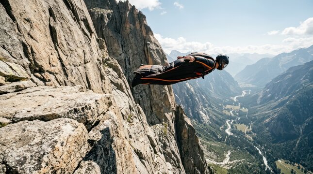A BASE jumper exiting a sheer granite cliff face in a wingsuit, the suit's fabric wings inflated in the first moments of flight, the jumper's body perfectly horizontal