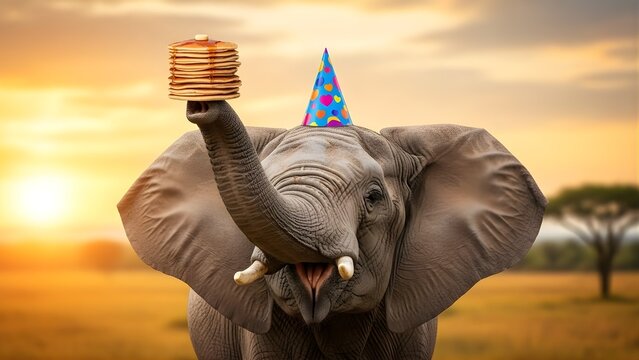 Elephant Celebrating with Party Hat and Cake in Sunset Landscape