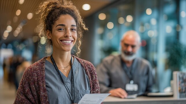 Professional Woman At Check In Desk Assisting Guests, Holding Clipboard, Badge Visible, Friendly Demeanor, Busy Lobby Background, Efficient Service, Welcoming Hospitality Vibe And Organized
