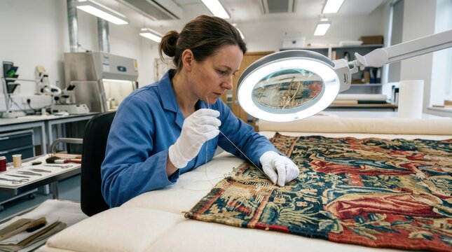 A contemporary textile conservation laboratory, a conservator in white cotton gloves working under a large illuminated magnifying frame examining a section of a medieval