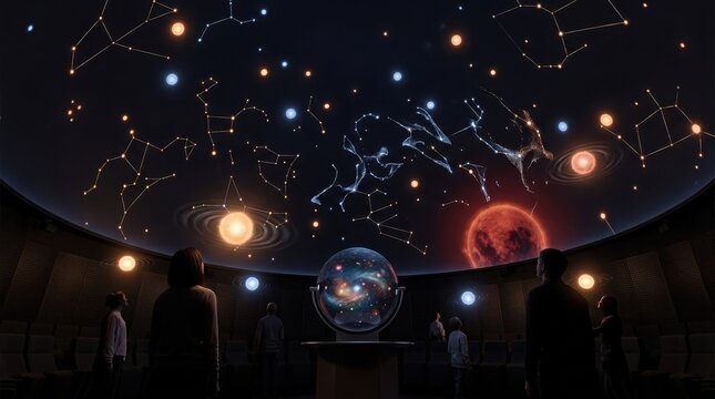 A surreal planetarium where the projected stars are alive and sentient, individual stars drifting off the domed ceiling to hover at eye level examining visitors with