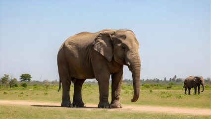 Fototapeta premium Majestic African Elephant Standing in Open Grassland