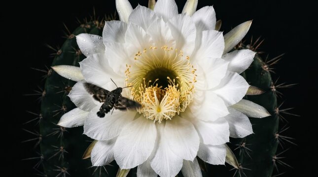 A night-blooming cereus cactus flower captured at the precise peak of its single nocturnal opening, petals in pure white spreading to thirty centimeters diameter, stamens