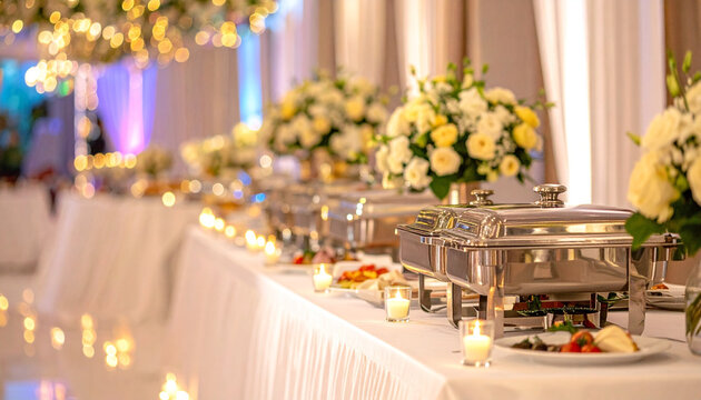 Elegant buffet table with white cloth, silver chafing dishes, floral arrangements, candles, draped curtains&mdash;evoking sophistication, festivity, and refined celebration atmosphere.