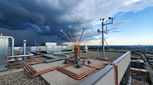 A lightning rod installation on a modern high-rise rooftop photographed during an approaching storm shows the copper air terminal array against a sky already split