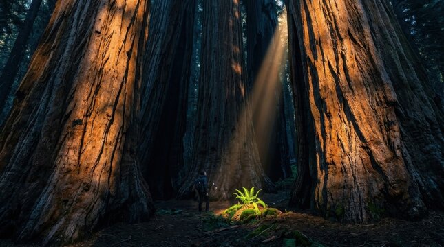 A giant sequoia grove at first light shows the base of three adjacent trees so massive their trunks form a natural room between them, bark cinnamon-orange and deeply