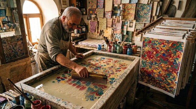 A traditional Turkish marbled paper studio, a craftsperson drawing an ebru comb through a floating pattern of oil pigments on a gum tragacanth size in a large stone