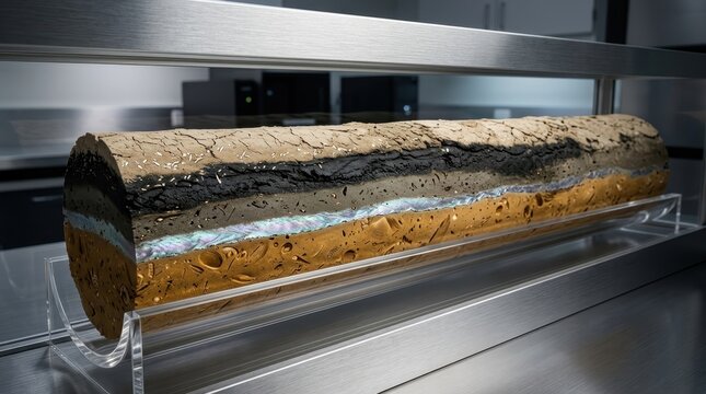 A surreal sediment core extracted from the floor of an ancient inland sea that dried forty million years ago, the core displayed horizontally under precise laboratory