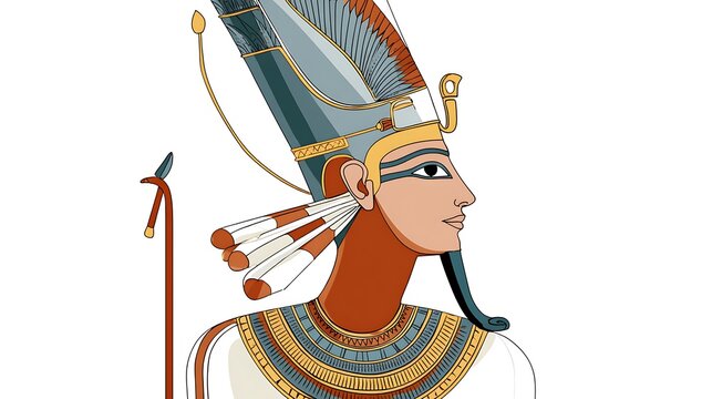 Ancient Egyptian pharaoh headdress with golden cobra and blue nemes in profile illustration
