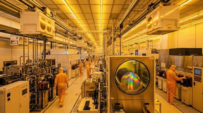 A semiconductor fab cleanroom at full production, technicians in full bunny suits moving between photolithography machines under yellow safelight, wafer carrier pods