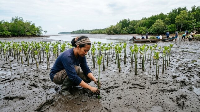 A mangrove restoration volunteer planting propagules in tidal mud at low tide on a tropical coastline, dozens of young mangrove seedlings already planted in rows behind