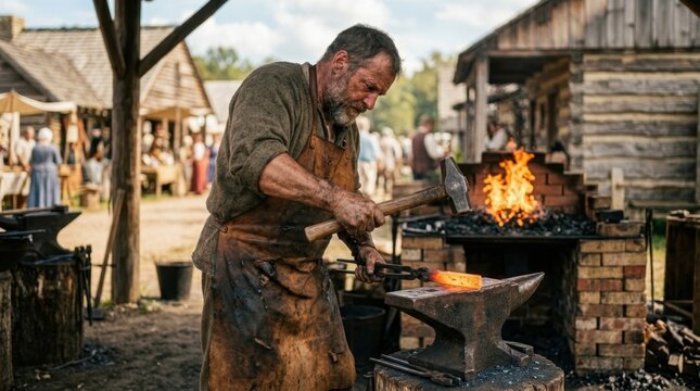A historical reenactment blacksmith at an outdoor forge, a glowing orange billet of wrought iron raised from the coal fire and positioned on the anvil face, a heavy cross
