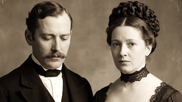 Vintage Couple Portrait: Victorian Man and Woman in Formal Attire, Sepia Tone