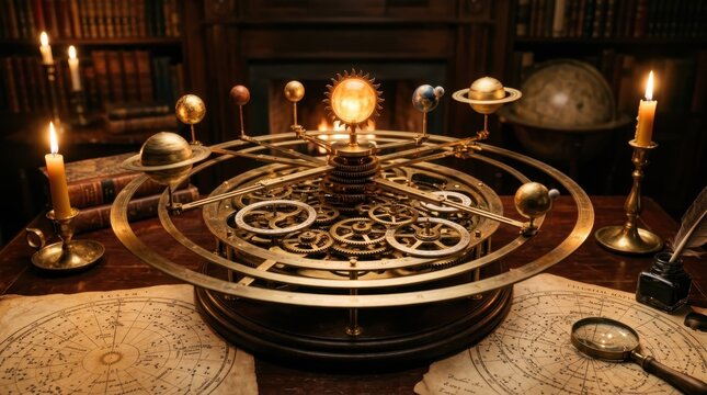 An antique astronomical orrery in full mechanical motion, gilded planetary spheres on articulated brass arms orbiting a central sun lamp at varying speeds, the mechanism